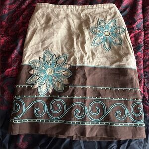Y2K Beige and Brown Embroidered Flower A-Line Skirt